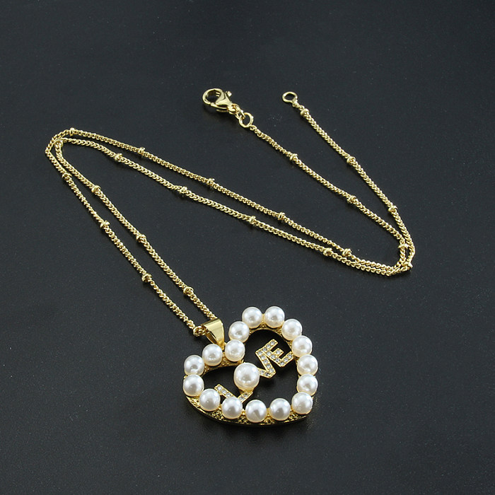 Modische Halskette mit Anhänger in Herzform, verkupfert, Perle, Zirkon, 18 Karat vergoldet
