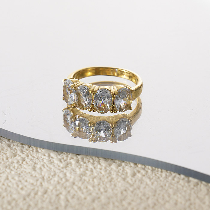 Glam Lady Brilhante Borboleta Geométrica Torção Aço Inoxidável Gota de Água Chapeamento Incrustado Zircão Anéis Banhados a Ouro 14K