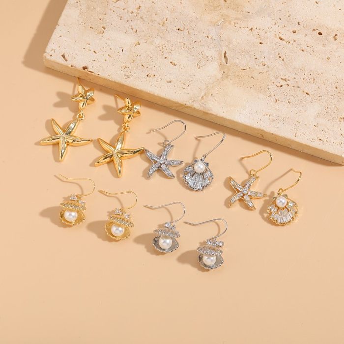 1 paire de boucles d'oreilles pendantes élégantes en forme d'étoile de Style classique, incrustation asymétrique en cuivre et Zircon plaqué or 14 carats