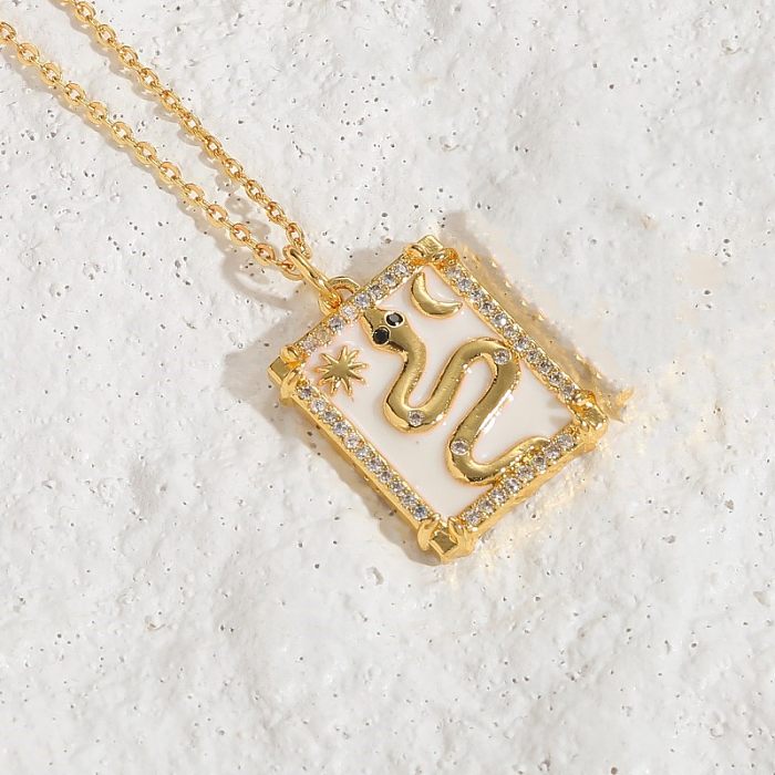 Elegant Basic Geometric Snake Copper Enamel Plating Inlay Zircon 14K Gold Plated Pendant Necklace