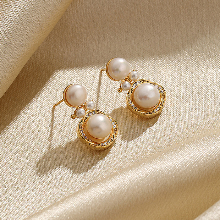 1 paire de boucles d'oreilles pendantes plaquées or 18 carats, Style IG Simple, incrustation de fleurs, perle de cuivre et Zircon