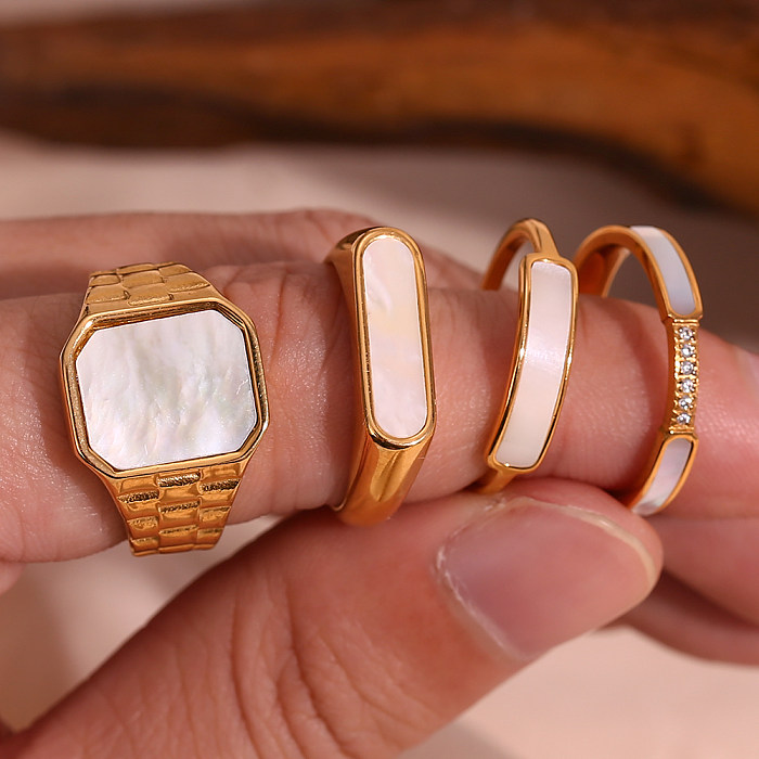 Vintage Style Geometric Stainless Steel Plating Inlay Rhinestones Shell 18K Gold Plated Rings