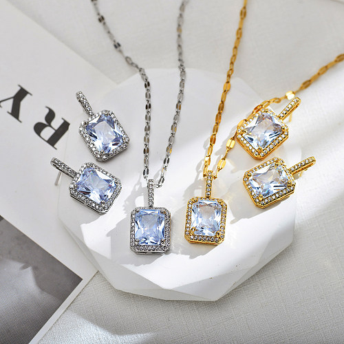 Elegant Luxurious Square Copper Inlay Carving Zircon Earrings Necklace