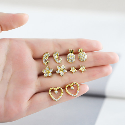 1 par de brincos de orelha banhados a ouro 18K, estilo simples, estrela, forma de coração, abacaxi, chapeamento, zircão de cobre