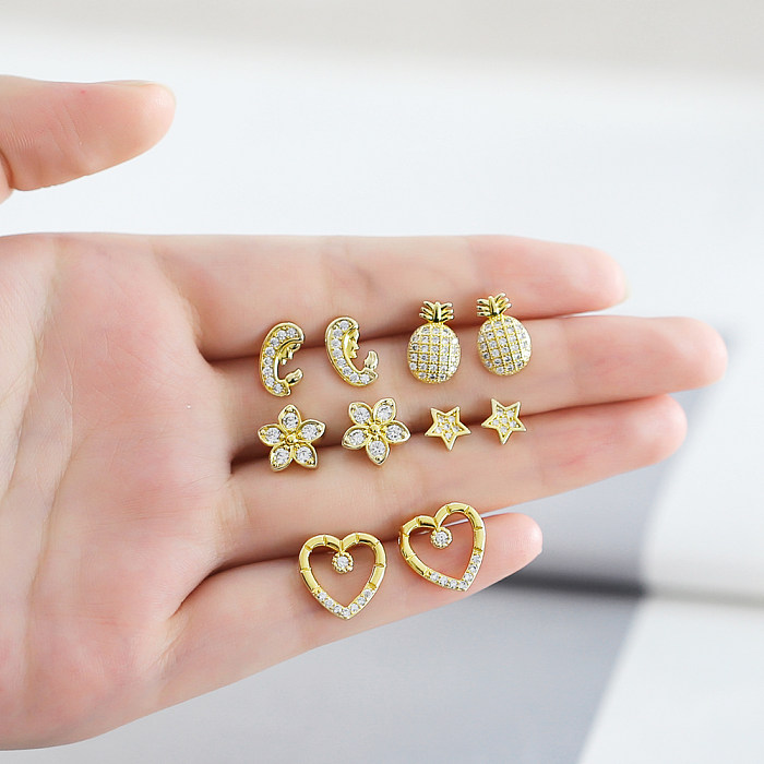 1 Pair Simple Style Star Heart Shape Pineapple Plating Inlay Copper Zircon 18K Gold Plated Ear Studs