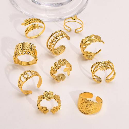 IG Style Vacation French Style Leaf Flower Stainless Steel Plating 18K Gold Plated Rings