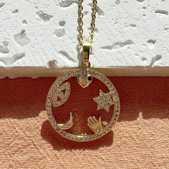 Collier avec pendentif en Zircon, Style Streetwear élégant et Simple, en forme de cœur, de lune et de palmier, avec incrustation de cuivre