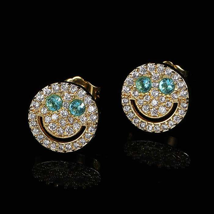 1 Pair Hip-Hop Smiley Face Inlay Copper Zircon Gold Plated Ear Studs