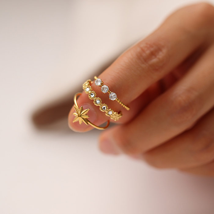 Luxuriöse offene Ringe mit Hexagramm-Edelstahlbeschichtung und Zirkon-14-Karat-Vergoldung
