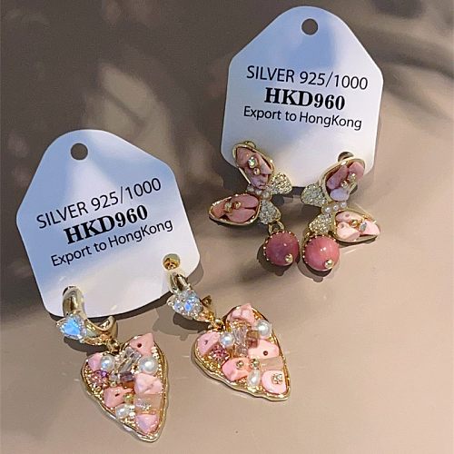 1 Pair Retro Heart Shape Bow Knot Inlay Copper Zircon Drop Earrings