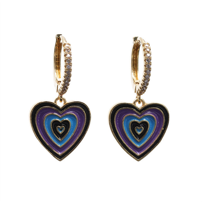 Pendientes colgantes chapados en oro con incrustaciones de cobre y circonita, ropa de calle elegante con forma de corazón, esmaltado, 1 par