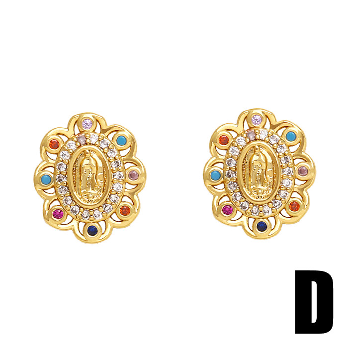 1 Pair Ethnic Style Virgin Mary Oval Copper Plating Inlay Zircon Ear Studs