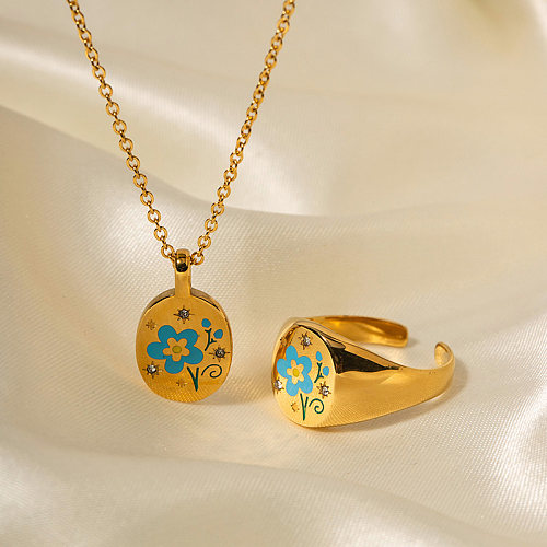 Elegante flor de aço inoxidável esmalte chapeamento incrustação diamante artificial 18K anéis banhados a ouro colar