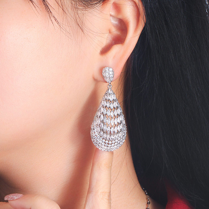 1 Paar elegante, glamouröse Tropfen-Ohrringe mit Wassertropfen-Beschichtung, Kupfer-Zirkon, rhodiniert