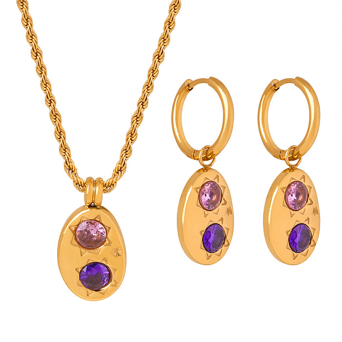Luxurious Shiny Round Titanium Steel Plating Inlay Zircon 18K Gold Plated Earrings Necklace