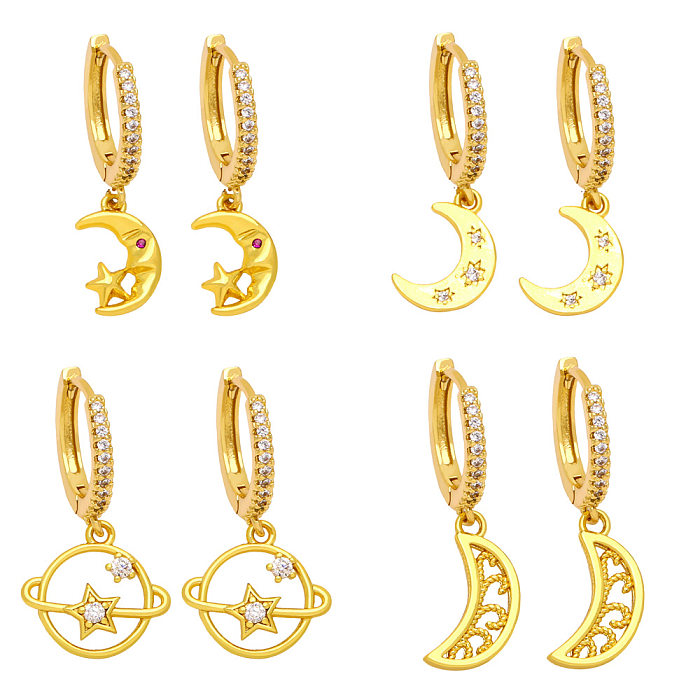 Boucles d'oreilles pendantes en Zircon, Style Simple, étoile, lune, placage de cuivre, 1 paire