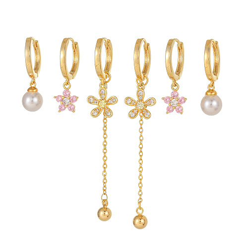 1 Set elegante, schlichte Ohrringe mit Quaste, Perlen-Blumen-Beschichtung, Inlay aus Messing, Zirkon, 18 Karat vergoldet