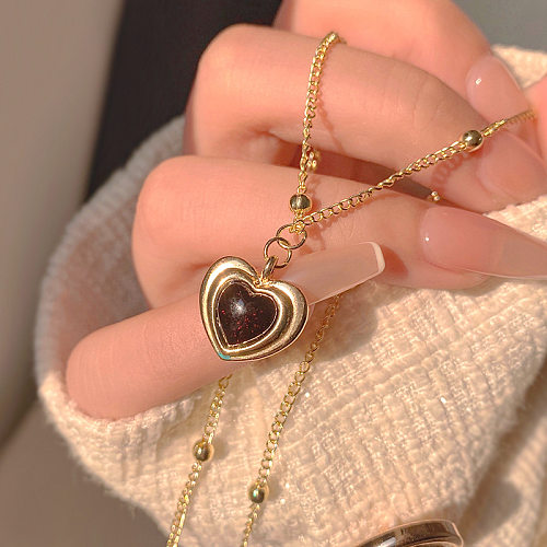 Vintage Style Simple Style Heart Shape Copper Brass Plating Inlay Artificial Gemstones Gold Plated Pendant Necklace