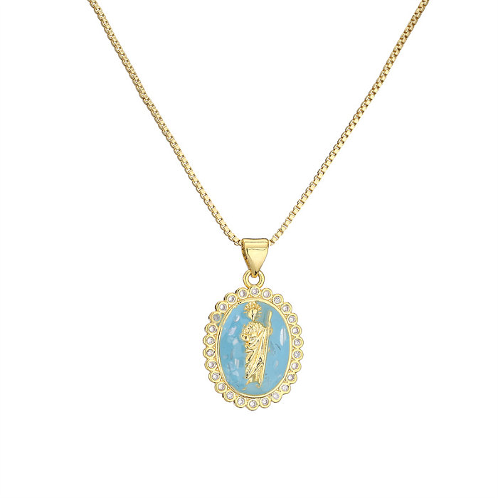 Halskette mit ovalem Kupfer-Inlay-Zirkon-Anhänger im Retro-Stil, Jungfrau Maria, 1 Stück