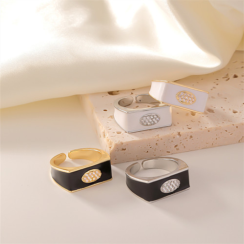 Anéis abertos de zircão com embutimento de cobre oval geométrico estilo simples streetwear