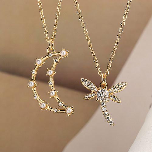 Simple Style Commute Moon Dragonfly Copper 18K Gold Plated Artificial Pearls Zircon Pendant Necklace In Bulk