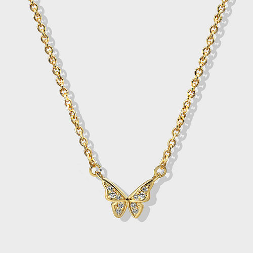 Halskette mit Anhänger im klassischen Stil, Schmetterlings-Kupferbeschichtung, künstliche Edelsteine, 18 Karat vergoldet