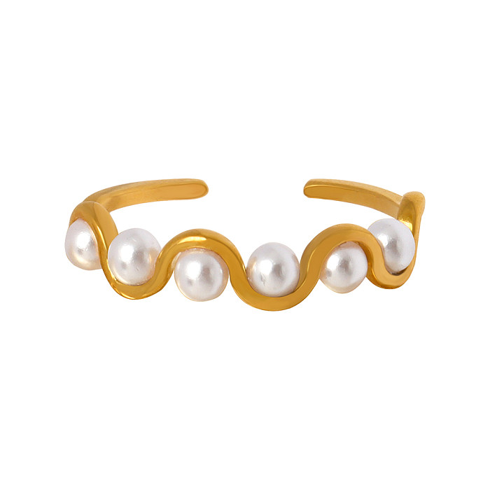 O embutimento de aço Titanium geométrico do estilo simples perola artificial o anel aberto chapeado ouro 18K