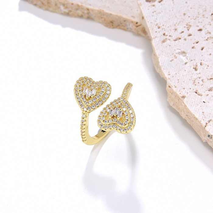 Elegant Shiny Heart Shape Copper Plating Inlay Zircon Gold Plated Open Ring