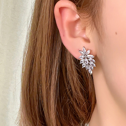 1 Pair Casual Simple Style Leaves Plating Inlay Copper Zircon White Gold Plated Ear Studs