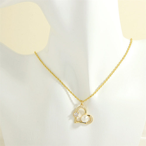 Simple Style Shiny Heart Shape Bow Knot Copper 18K Gold Plated Pearl Zircon Pendant Necklace In Bulk