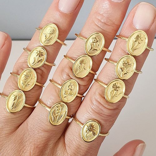 Wholesale Fashion Oval Flower Chrysanthemum Stainless Steel Gold Plated Open Ring