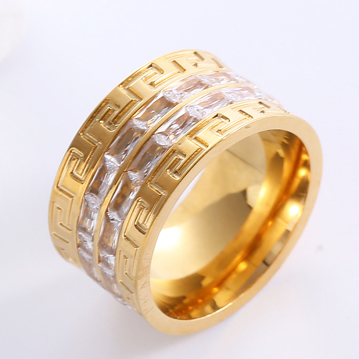 Anéis banhados a ouro elegantes e luxuosos de cor sólida em aço inoxidável com zircão 24K