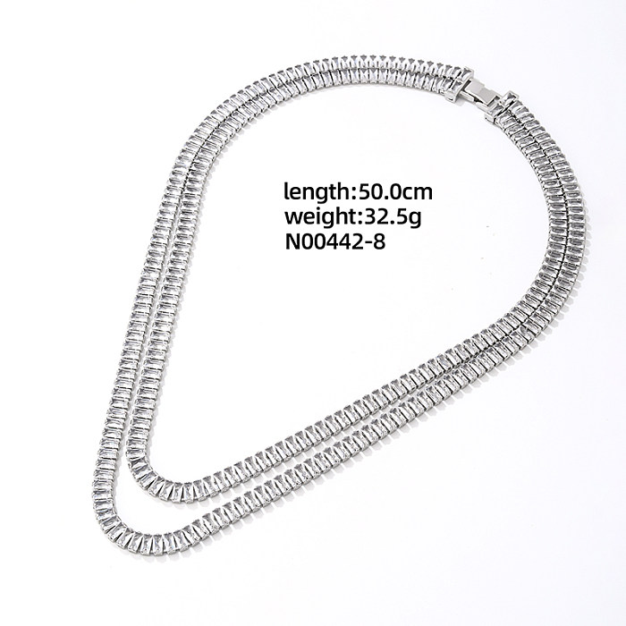 Elegant Glam Shiny Rectangle Copper Plating Inlay Zircon White Gold Plated Double Layer Necklaces