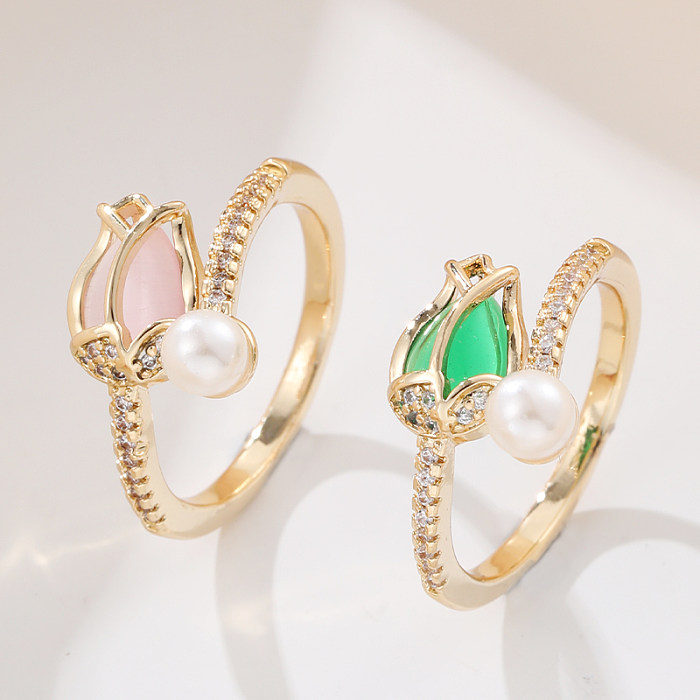 Elegantes anillos abiertos de circonita con incrustaciones de cobre geométricas retro y perlas artificiales