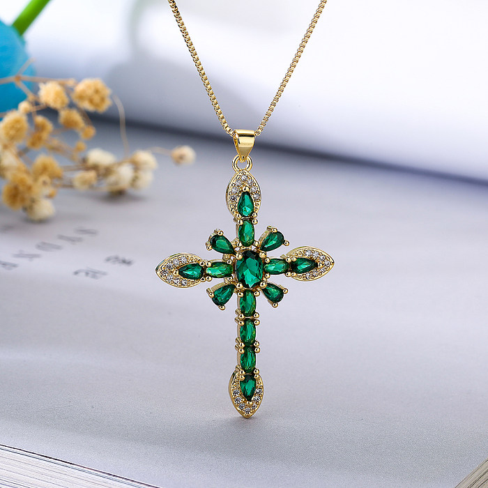 Retro Classic Style Cross Copper Plating Inlay Zircon 18K Gold Plated Pendant Necklace