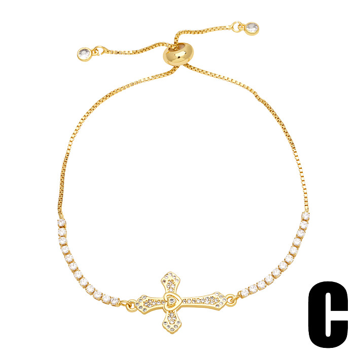 Moda estilo simples cruz chapeamento de cobre embutimento zircão 18K pulseiras banhadas a ouro