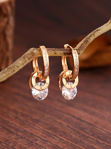 1 paire de boucles d'oreilles pendantes en cuivre et Zircon plaqué or 18 carats, Style classique Simple, incrustation ronde