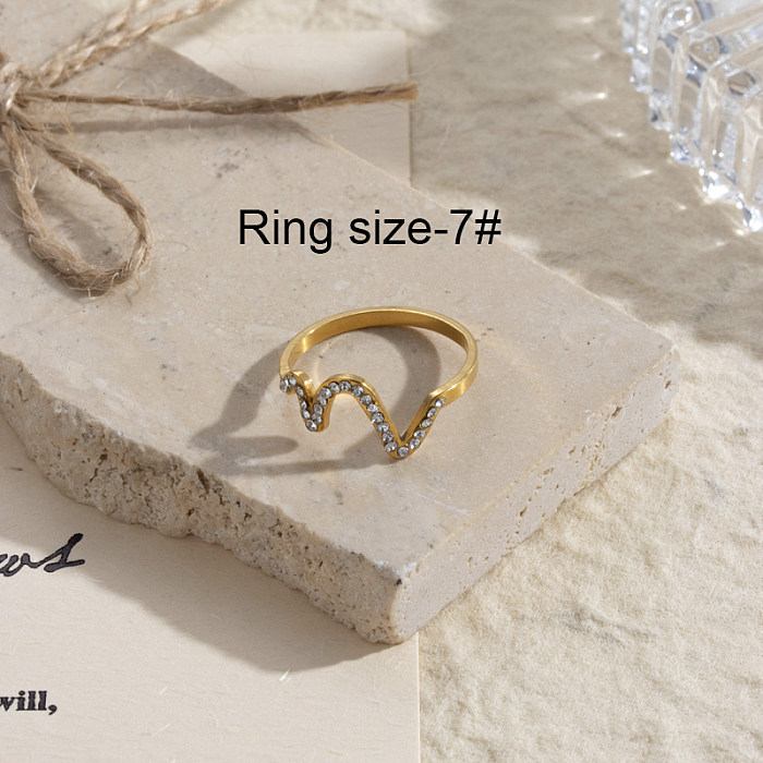 Casual Streetwear Geometric Waves Heart Shape Stainless Steel 18K Gold Plated Rhinestones Rings In Bulk