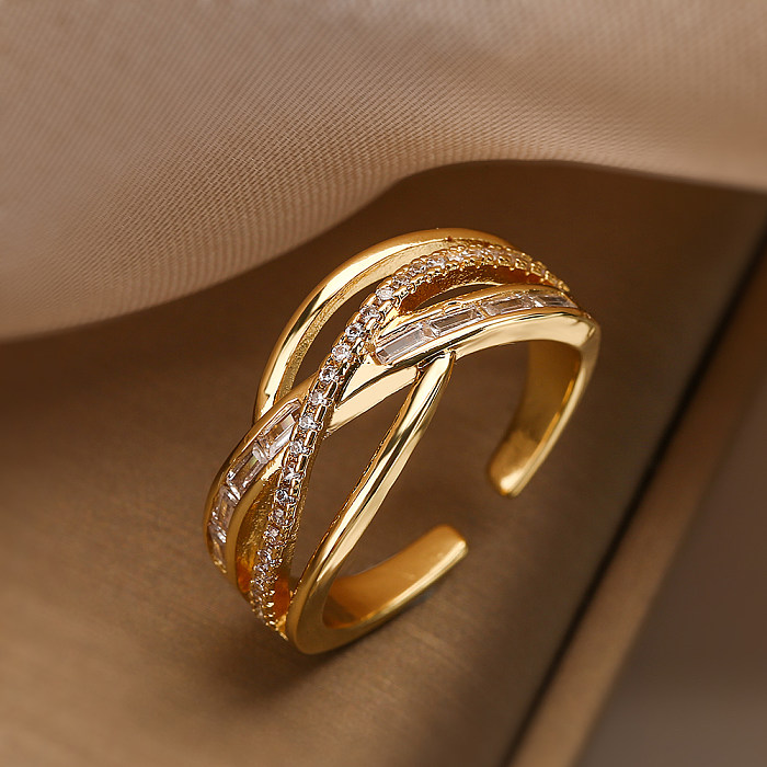 Estilo simples comute cruz retângulo chapeamento de cobre embutimento zircão 18K anéis abertos banhados a ouro