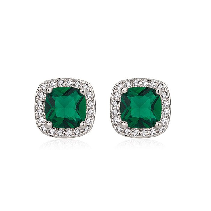 Fashion Square Diamond-set Zircon Emerald Copper Earrings