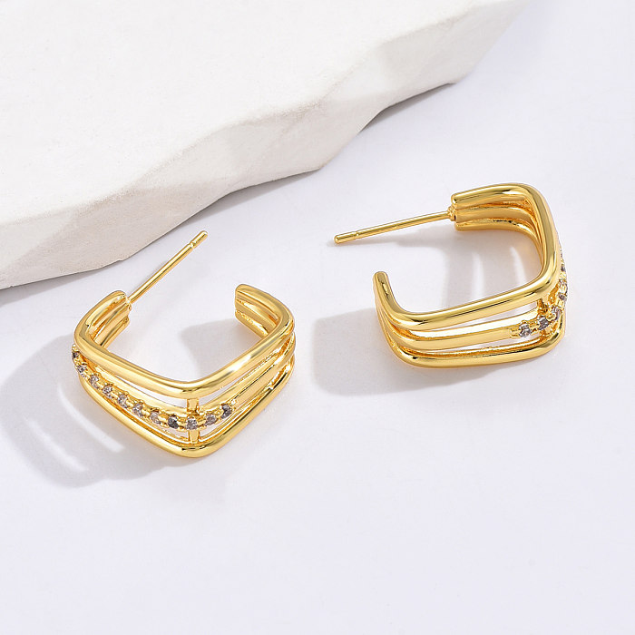 Simple Style Geometric Copper Earrings Layered Gold Plated Zircon Copper Earrings 1 Pair