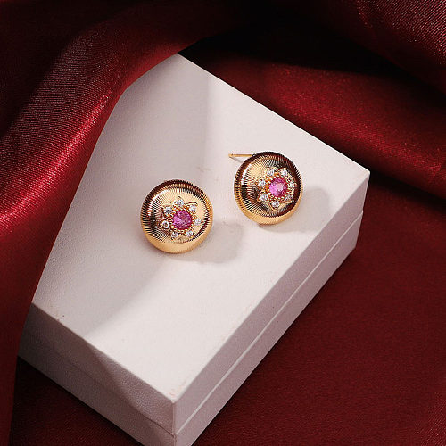 1 Pair Classical Retro Commute Round Plating Copper Zircon 18K Gold Plated Ear Studs