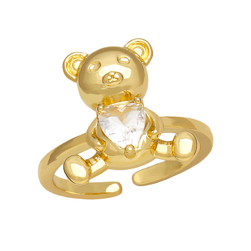 IG Style Cute Bear Copper Plating Inlay Zircon 18K Gold Plated Open Rings