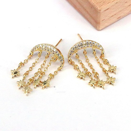 1 Pair Simple Style Streetwear Star Moon Tassel Plating Inlay Copper Zircon Gold Plated Drop Earrings