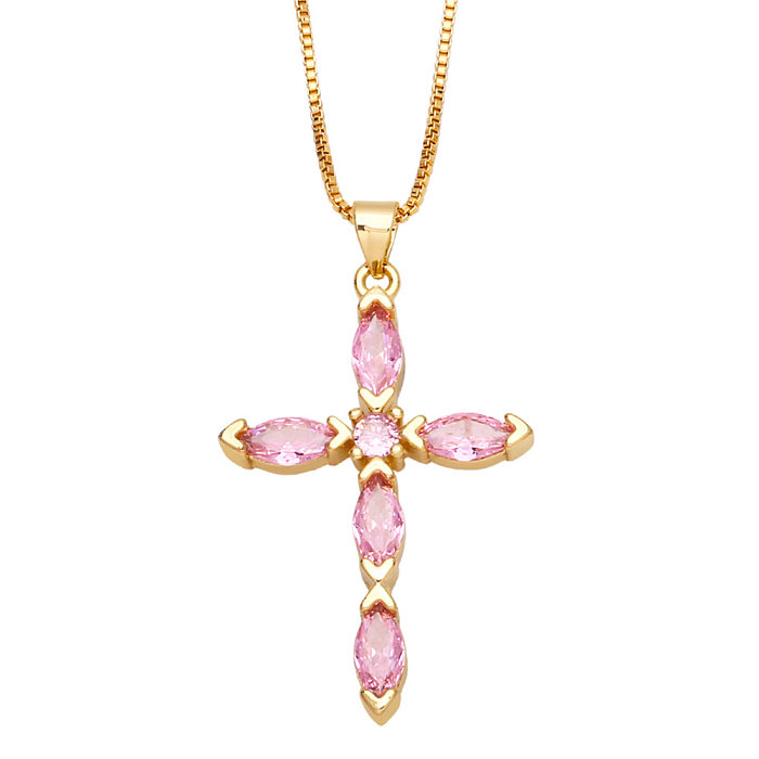 Fashion Cross Copper Gold-plated Inlaid Color Zircon Necklace