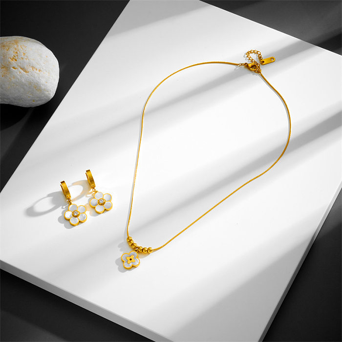 Mode Blume Titan Stahl Überzug Inlay Shell Zirkon Ohrringe Halskette
