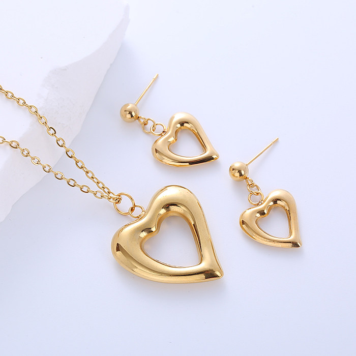 Simple Style Heart Shape Stainless Steel Hollow Out 18K Gold Plated Earrings Necklace Jewelry Set
