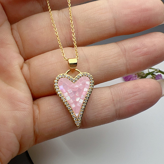 Sweet Simple Style Heart Shape Copper Plating Inlay Shell Zircon 18K Gold Plated Pendant Necklace