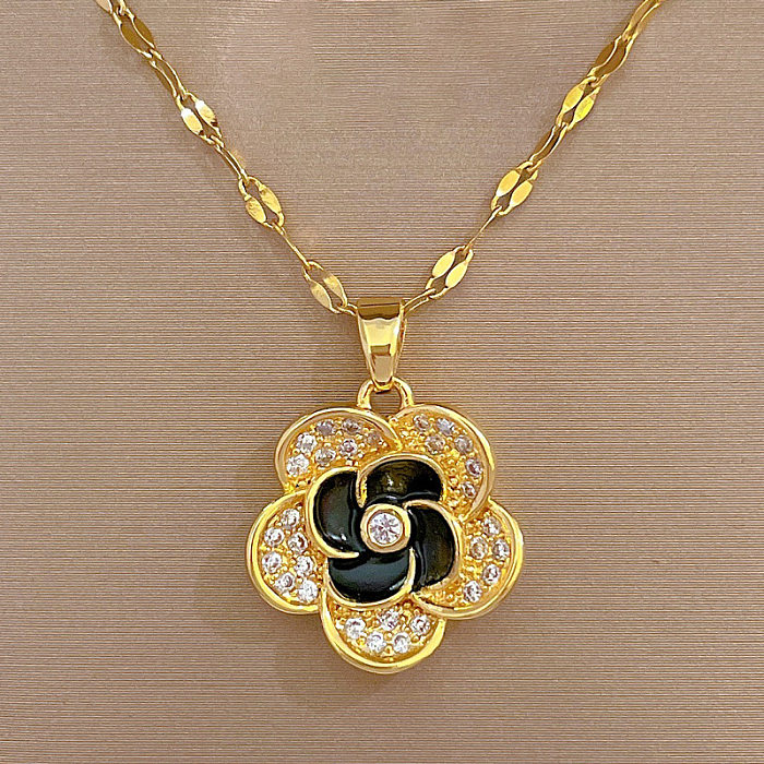 Glam Flower Titanium Steel Copper Enamel Plating Inlay Zircon Gold Plated Earrings Necklace