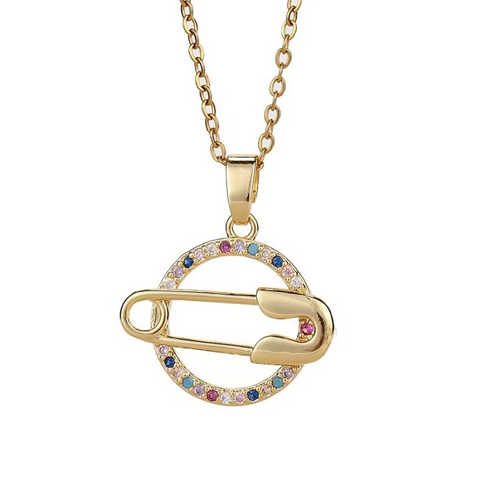 Simple Style Paper Clip Circle Copper Plating Hollow Out Inlay Zircon Pendant Necklace